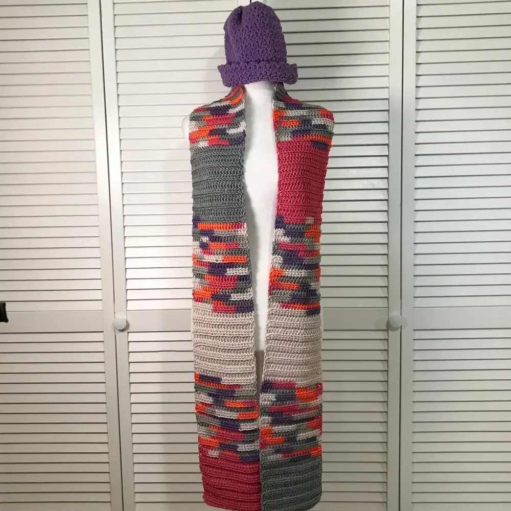 NWT Handmade Crocheted Purple Multicolor Textured Beanie Scarf 84” - Picture 1 of 3